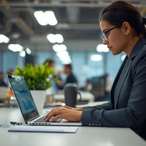 Person tracking work hours on laptop and timesheet