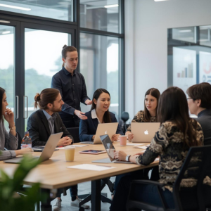 Team meeting in an office discussing work costs